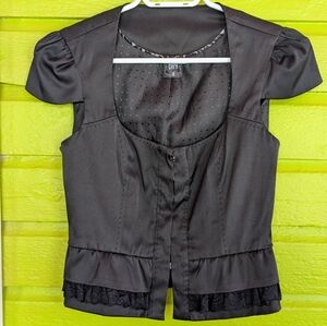 Black Cap-Sleeve Hook Fastening Lace-Hem Women's Top